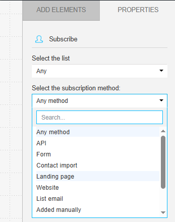 GetResponse properties panel showing trigger condition customization options for list and subscription method selection